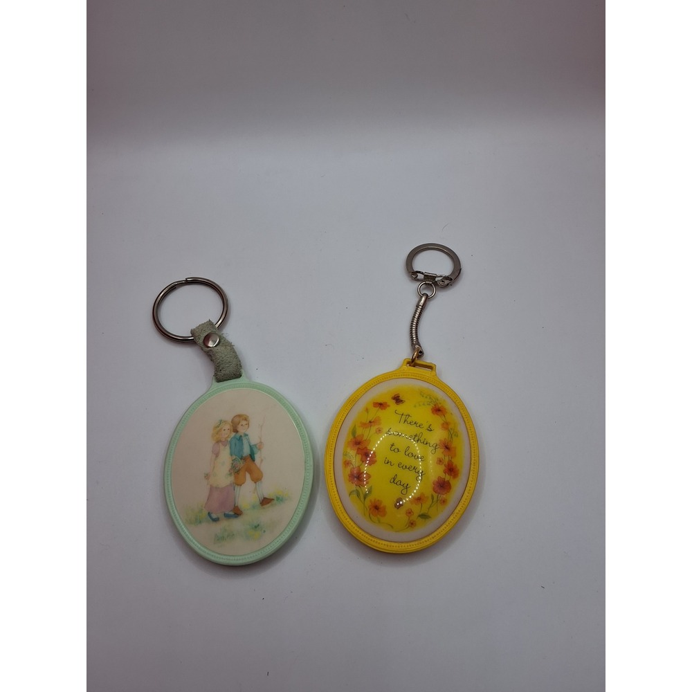 Vintage Retro Keychain Set Green Couple Yellow Floral Inspirational Quote
